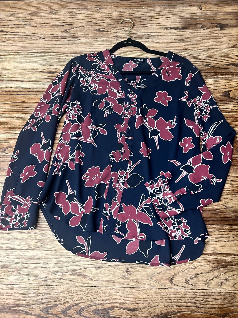 Express Navy Blouse with Burgundy Floral Print